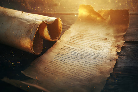 Ancient scroll with faded text unraveling on a weathered wooden table, symbolizing knowledge's erosion over time. soft golden light enhances the aged texture of the scroll, creating a striking contrast with the rustic surface beneath.の素材