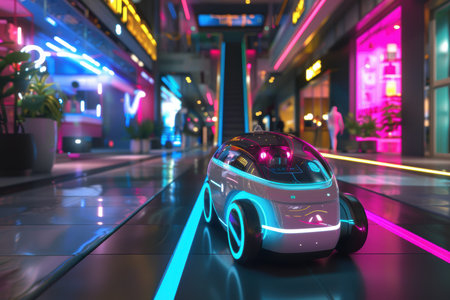 A sleek robotic courier with advanced ai technology delivers packages in a futuristic, fully automated mall. the scene features glowing floors and interactive displays, innovation in modern retail and logistics solutions.の素材