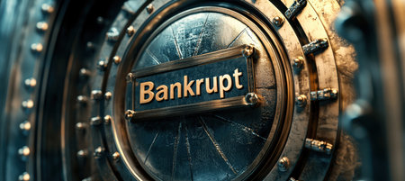 A detailed view of a closed vault door with "bankrupt" engraved, symbolizing financial loss and asset closure. the image evokes themes of security, banking, and the consequences of bankruptcy, ideal for finance-related content.の素材