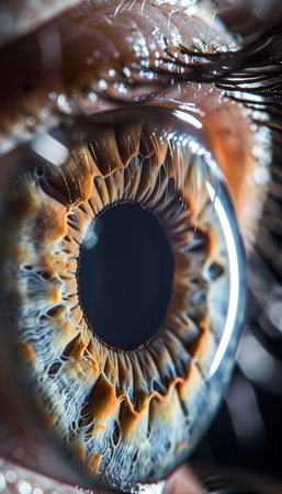 Close-up macro shot of a human eye with a visible cataract demonstrating the cloudy effect on the lens. this high-detail medical photograph provides insight into eye health, useful for educational and clinical reference purposes.の素材