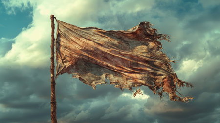 A tattered flag waves atop a corroded pole, set against a moody backdrop of dark storm clouds. the once vibrant colors of the flag now appear faded, representing themes of decay and the decline of former strength. this striking image evokes concepts of endurance and weathered resilience.の素材