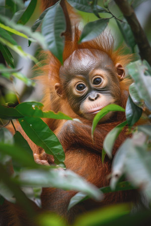 Baby orangutan nestled against its mother in a dense jungle setting, symbolizing wildlife conservation and the importance of responsible environmental stewardship for corporate initiatives.の素材