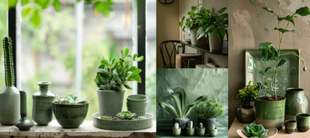 Eco-conscious moodboard featuring sustainable decor, lush greenery, and earthy tones. green sofa, plants, and natural textures highlight an environmentally-friendly living space. perfect for interior design inspiration and eco designs.の素材