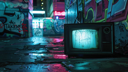 Retro television emits static against a graffiti-covered urban sidewalk. neon lights and wet pavement enhance the gritty, edgy street art atmosphere, capturing a blend of nostalgia and modern urban energy. perfect for edgy visual design.の素材
