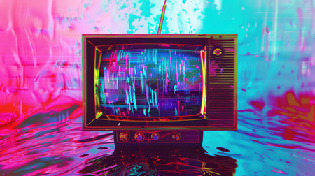 Vivid glitch art featuring an old television surrounded by colorful distortions and abstract waves. perfect for projects needing a dynamic and edgy touch, suitable for advertisements, music videos, or digital art pieces.の素材