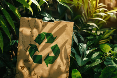 Kraft paper with a vivid green recycling symbol displayed on a natural surface, illuminated by sunlight passing through leaves, emphasizing sustainable packaging and environmental consciousness in an organic setting.の素材