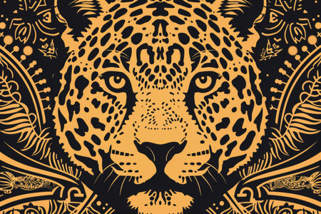 A detailed depiction of a jaguar's face intricately blended with tribal patterns, symbolizing strength and sustainability. this design is used in eco-friendly fitness apparel packaging to emphasize environmental awareness and power.の素材