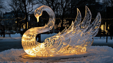 A stunning ice sculpture of a swan, illuminated under warm lights at a winter festival, showcasing the delicate artistry and ephemeral nature of ice carvings. surrounded by trees, this captivating scene merges art with nature's beauty.の素材