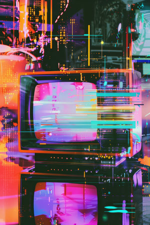 A retro television displaying static is artistically transformed with glitch effects and digital distortions. bold, colorful abstract shapes surround the tv, creating a captivating fusion of retro technology and modern digital art styles.の素材