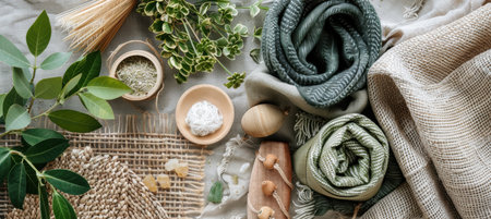 A moodboard a green lifestyle with sustainable materials such as upcycled products, jute, and hemp fibers. the setting features natural lighting and eco-friendly decor, including plants and candles, enhancing the earthy ambiance.の素材