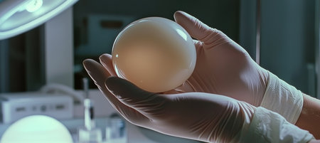Surgeons Gloved Hands Examining Breast Implant in Sterile Operating Roomの素材