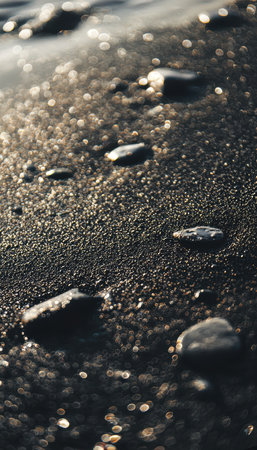 Black Volcanic Sand Close-Up with Shimmering Pebbles and Mineral Deposits in Sunlightの素材