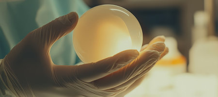 Surgeon's hands with gloves hold a breast implant in a well-lit operating room. the sterile background reflects a focus on precision, safety, and medical professionalism during cosmetic surgery procedures.の素材