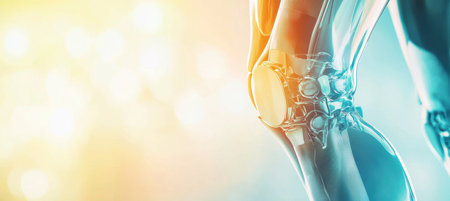 High-quality banner showcasing a knee endoprosthesis alongside a 3d printed knee model. the softly blurred background highlights the implant, with lighting emphasizing technological advancements in orthopedic medical devices.の素材