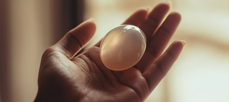 A close-up of a woman's hand holding a silicone breast implant, showcasing the material's texture and quality. the softly blurred background emphasizes the product, its design and potential uses in medical contexts.の素材