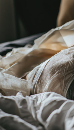 A patient rests peacefully in bed after breast reduction surgery, highlighted by supportive surgical bandages and a tranquil recovery setting. the focus is on comfort and the healing environment, emphasizing post-operative care.の素材