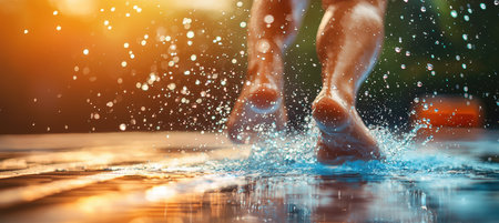 A swimmer poised to dive from the starting block, surrounded by sparkling water droplets in a sunlit, slightly blurred pool. the focus is on the athletes hand and the anticipation of the dive, emphasizing motion and energy.の素材