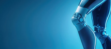 Realistic close-up of a high-quality modern knee endoprosthesis with metallic and ceramic finishes. perfect for medical design, healthcare advertising, or educational materials, the advanced technology of prosthetic devices.の素材
