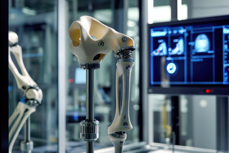 Knee endoprosthesis undergoing durability testing with robotic arms applying pressure. features advanced lab equipment and monitors displaying real-time data, innovation in biomedical engineering and prosthetic development.の素材