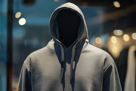 Plain hoodie displayed on a clean mannequin, beautifully highlighted by soft backlighting to showcase fabric texture and high-end stitching details. ideal for an upscale product showcase, emphasizing quality and elegance.の素材