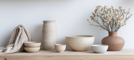 High-quality image showcasing unique handmade ceramics and textiles set against a neutral background. perfect for online shops, featuring bowls, a vase, and a textured fabric. ideal for print design, catalogs, or marketing materials.の素材