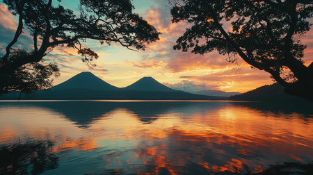 Sunset view of volcanic peaks reflecting on a calm lake with surrounding trees. the vibrant sky displays warm colors, contrasting with the serene water and rugged mountains, offering a peaceful landscape ideal for nature lovers and posters.の素材