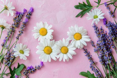 Heartfelt mother's day card design adorned with fresh daisies and lavender against a soft pink background. the delicate floral elements create a warm and inviting atmosphere, perfect for greeting cards or seasonal decorations.の素材