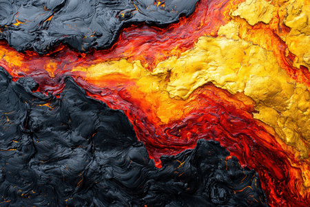 Vivid lava breaks through cooled rock, with intense reds and yellows contrasting against the dark surface. the dynamic flow emphasizes the heat and movement, the raw power and vibrant colors of molten lava against solid rock.の素材