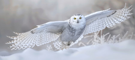 Snowy owl gracefully soars over a frozen tundra, showcasing its impressive wingspan and keen hunting gaze. the serene environment and soft lighting highlight the intricate feather patterns, embodying solitude and the raw beauty of nature.の素材