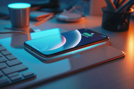 A smartphone rests on a wireless charger amidst a workspace featuring productivity tools. warm, soft lighting creates an inviting atmosphere, the device's sleek design and the surrounding office essentials, promoting efficiency.の素材
