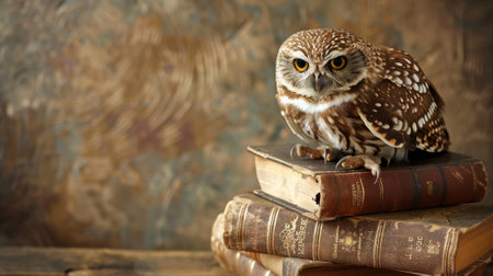 A wise owl sits majestically atop a stack of ancient books in a dimly lit library, embodying wisdom and lifelong learning. the scene highlights the owl's keen gaze and intricate feathers, creating a powerful symbol of knowledge and education.の素材