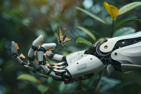 A robotic prosthetic hand gently holds a butterfly, advanced bionic sensitivity. the blend of futuristic technology and a natural background emphasizes the contrast between nature and innovation, showcasing harmony.の素材