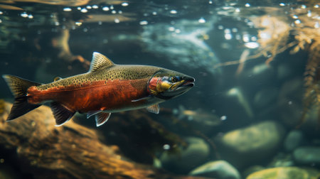 A salmon swims vigorously against the current, symbolizing strength, resilience, and perseverance. the dynamic water flow highlights the challenges faced, making it an inspiring metaphor for overcoming obstacles in nature and business.の素材