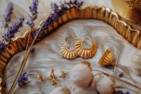 Luxurious gold hoop earrings rest elegantly on a soft velvet jewelry tray, surrounded by dried lavender. the intricate design of the earrings and the ornate tray create a sophisticated display, ideal for showcasing fine jewelry.の素材