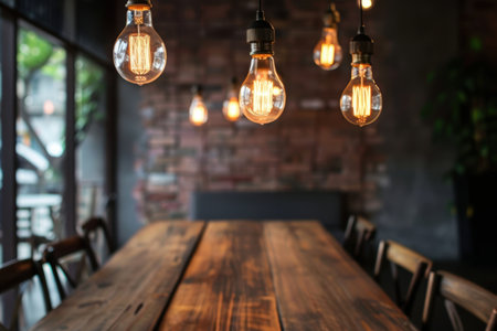 Modern pendant lights with exposed edison bulbs hang elegantly above a rustic wooden dining table, creating a warm ambiance in a contemporary open-plan kitchen. soft natural light filters through large glass doors, enhancing the inviting space.の素材