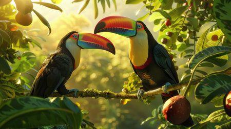 Toucans perched in a lush, sunlit rainforest canopy, feeding on colorful ripe tropical fruits. their vividly painted large beaks add a striking contrast to the rich greenery, the biodiversity of the jungle environment.の素材