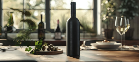 Elegant aluminum wine bottle with a matte finish stands on a stylish dining table, surrounded by fine glassware and lush greenery, creating a sophisticated ambiance ideal for upscale dining experiences or special event decoration.の素材