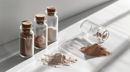 Rare earth mineral powders displayed in glass vials on a glossy white surface, casting soft shadows. the image showcases a stylish and scientific arrangement that highlights texture and light, perfect for educational or design purposes.の素材