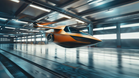 Engineers inspect a prototype flying car in a state-of-the-art test facility, advancements in transportation technology. the setting showcases cutting-edge design and innovation, emphasizing the future of urban mobility.の素材