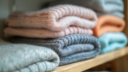 Detailed close-up of folded cashmere sweaters in soft pastel hues, arranged neatly on a wooden shelf. the image soft textures and elegance of the knitwear, perfect for upscale interior designs or fashion retail displays.の素材