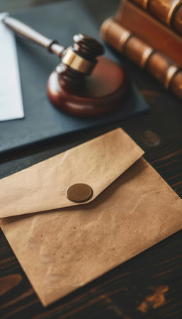 Formal legal document envelope secured with a seal on a wooden desk. a gavel and legal papers are visible in the background, conveying themes of justice, authority, and professional law practice in an office setting.の素材