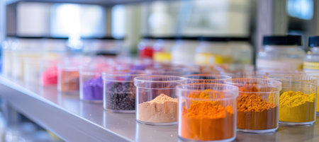 Rare earth mineral powders sorted by color and particle size in transparent containers displayed on a glossy white lab bench. this organized arrangement highlights the diversity of these minerals, crucial for various scientific and industrial applications.の素材