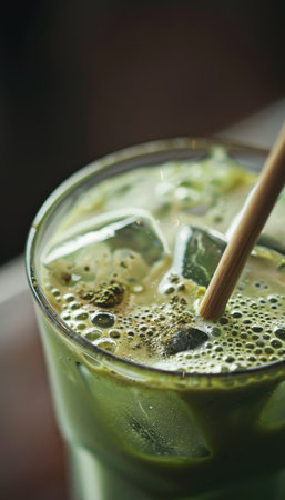 Detailed close-up of an iced matcha latte in a tall glass, showcasing condensation and a bamboo straw. the soft background features blurred greenery and bokeh, enhancing the fresh and natural atmosphere perfect for summer vibes.の素材