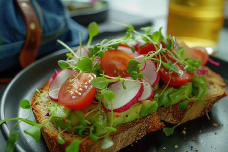 Close-up of vibrant avocado toast topped with cherry tomatoes, radish slices, and fresh microgreens. the crisp texture of the bread enhances the freshness of the ingredients, perfect for culinary presentations and healthy lifestyle themes.の素材
