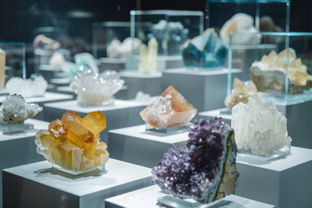Rare earth mineral crystals are showcased on glass pedestals in a modern exhibition. the strategically arranged samples are illuminated by soft, focused lighting, their intricate structures and vibrant colors against a neutral background.の素材