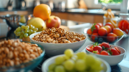 Heart-healthy foods, including a mix of nuts and assorted fresh fruits like apples and grapes, are arranged in bowls on a kitchen counter. this vibrant and nutritious setup emphasizes a healthy lifestyle and balanced eating.の素材