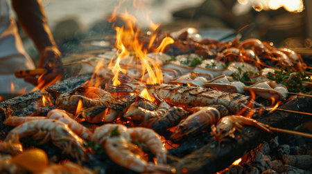 A lively culinary scene featuring a chef grilling an assortment of fresh seafood including fish, prawns, and squid over an open flame. complemented with citrus and herbs, the colorful ingredients highlight an alfresco dining experience by the sea.の素材