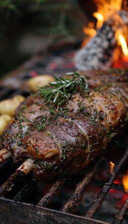 A rustic setting showcasing a chef and home cooks skillfully slow-roasting a whole lamb over an open fire. the meat is basted with aromatic herbs and spices, creating a flavorful and savory experience. the scene is imbued with a warm, inviting atmosphere.の素材