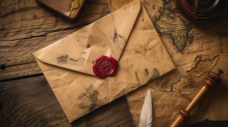 Vintage envelope with an elegant wax seal sits on an antique desk. surrounding elements include a feather quill, ink pot, and a weathered map, evoking a classic historical ambiance ideal for thematic designs.の素材