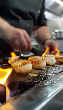 A professional chef expertly demonstrates searing scallops, creating golden crusts on a hot grill. flames add intensity as home cooks attentively watch in a modern, high-end kitchen setting, culinary skill and precision.の素材